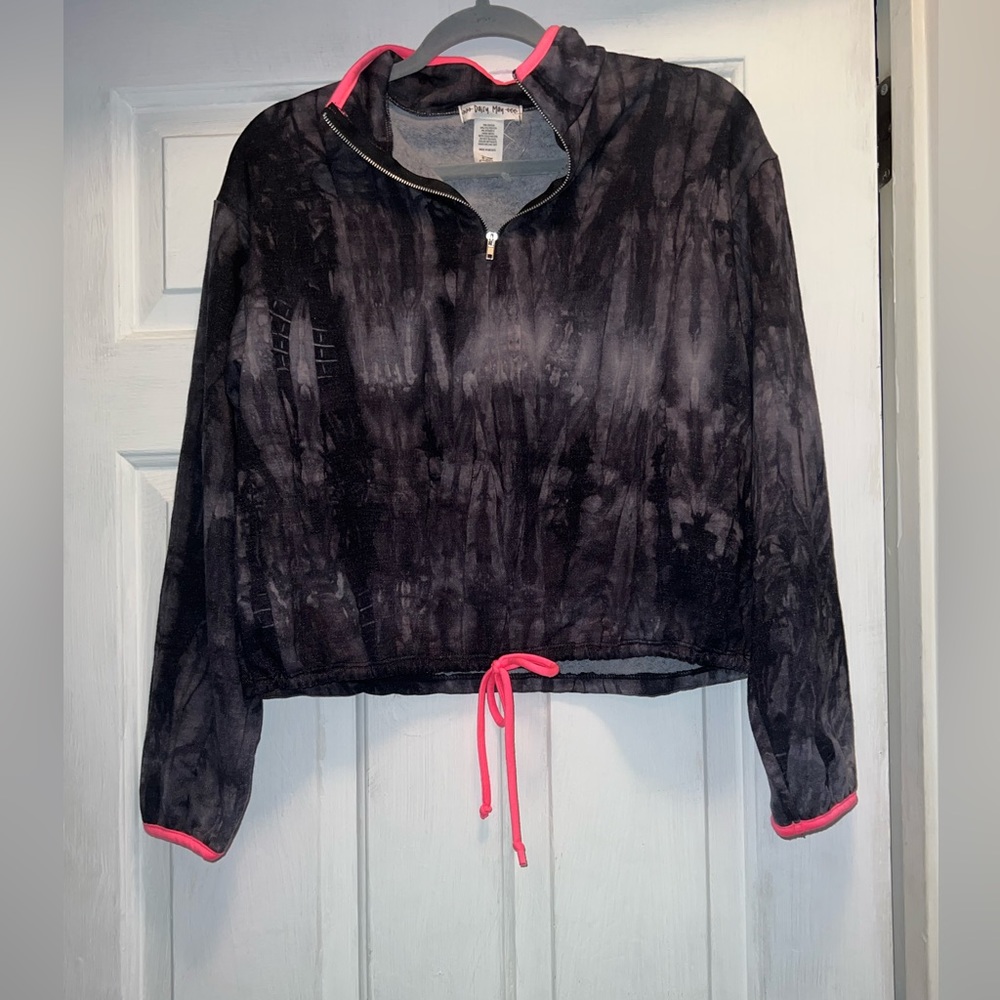 Size medium charcoal gray black acid wash zip sweatshirt with hot pink trim